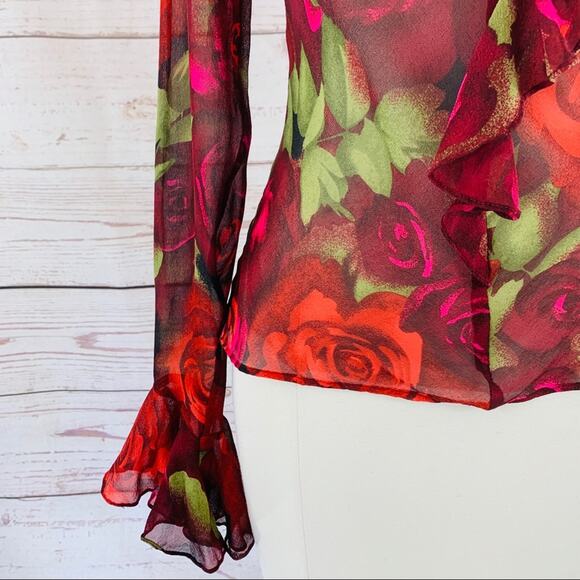 Cache sheer floral rose red black ruffle neck - Picture 3 of 9